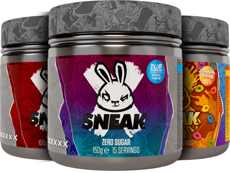 Close up of three sneak energy tubs blue raspberry, breakfast orange and cherry bomb, zero sugar and 150g in pyramid formation.