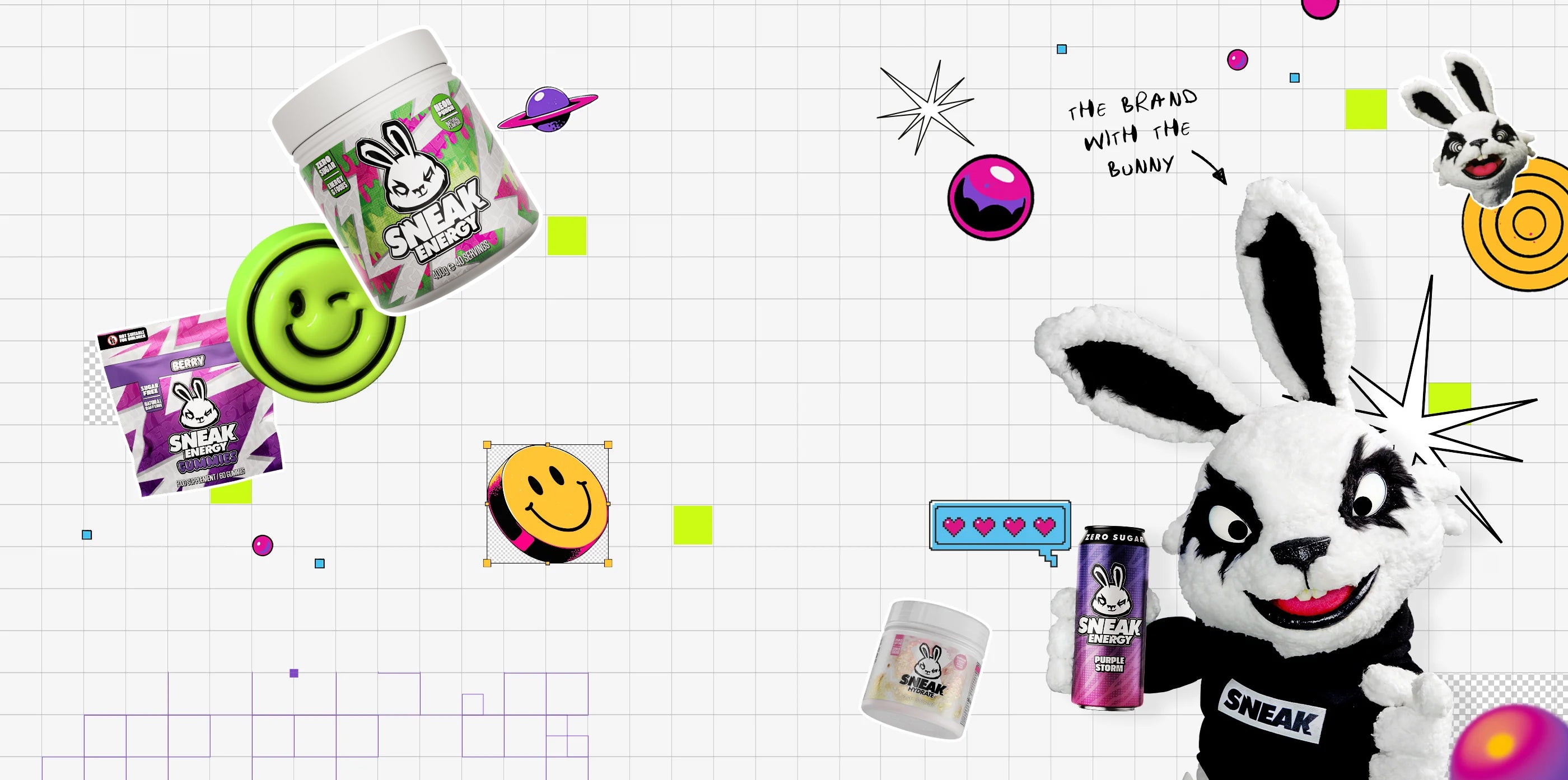 Sneak homepage banner with the bunny holding a can of Purple Storm energy drink