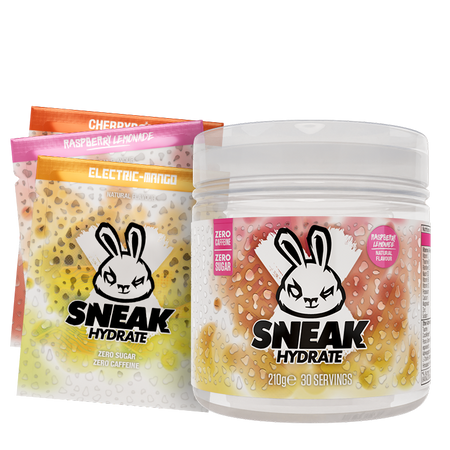 Sneak raspberry lemonade hydrate tub with 3 sachets, in flavours electric mango, raspberry lemonade and cherry bomb. Zero caffeine and zero sugar and 210g.