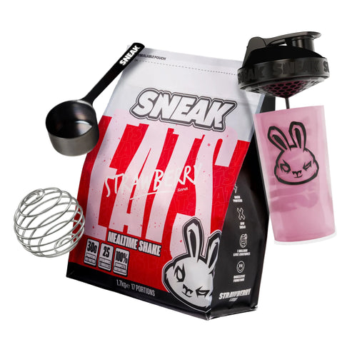 SNEAK protein shake package with shaker, scoop, and pink container on a white background