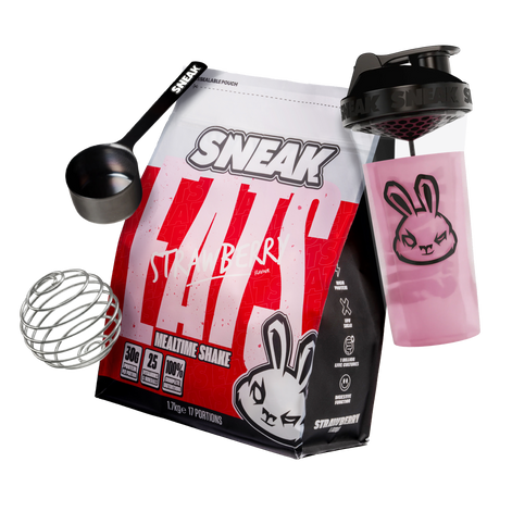 SNEAK protein shake package with shaker, scoop, and pink container on a white background
