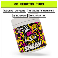 Energy supplement container with colorful design and text on a white background