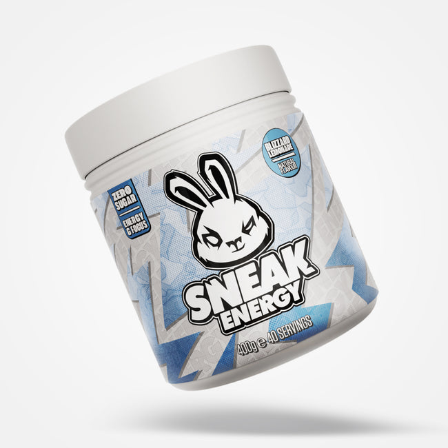 Tub of Sneak Energy Lemonade energy drink with a cartoon rabbit design on a white background