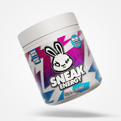 Sneak Energy Blue Raspberry container with colorful design and rabbit logo on a white background