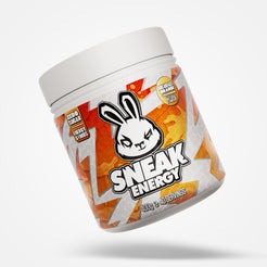 Sneak Energy breakfast orange energy drink tub with a cartoon rabbit logo on a white background