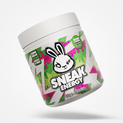 Sneak Energy neon punch with colorful label on a white background