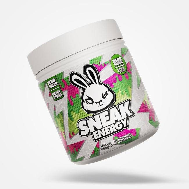 Sneak Energy neon punch with colorful label on a white background