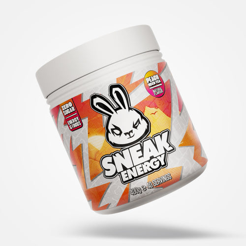 Sneak Energy peach iced tea tub with a cartoon rabbit logo on a white background