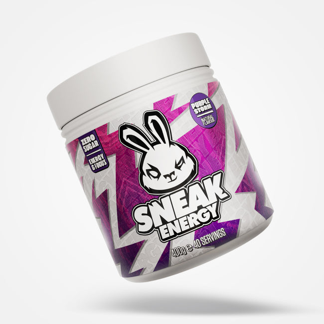 Sneak Energy Purple Storm tub with a purple and white design on a white background