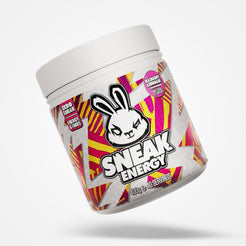 Sneak Energy raspberry lemonade tub with colorful design and rabbit logo on a white background