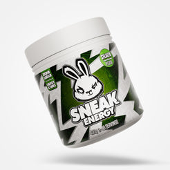 Sneak Energy stealth tub with a white lid and green and black label on a white background