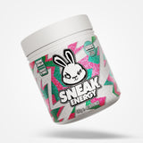 Sneak Energy strawberry watermelon tub with colorful design and rabbit logo on a white background