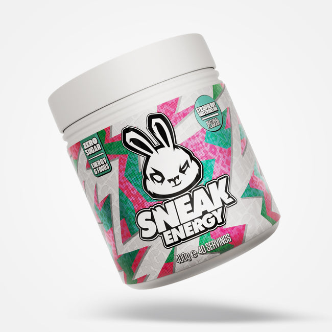 Sneak Energy strawberry watermelon tub with colorful design and rabbit logo on a white background