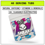 Sneak Energy drink container with branding and product features on a white background