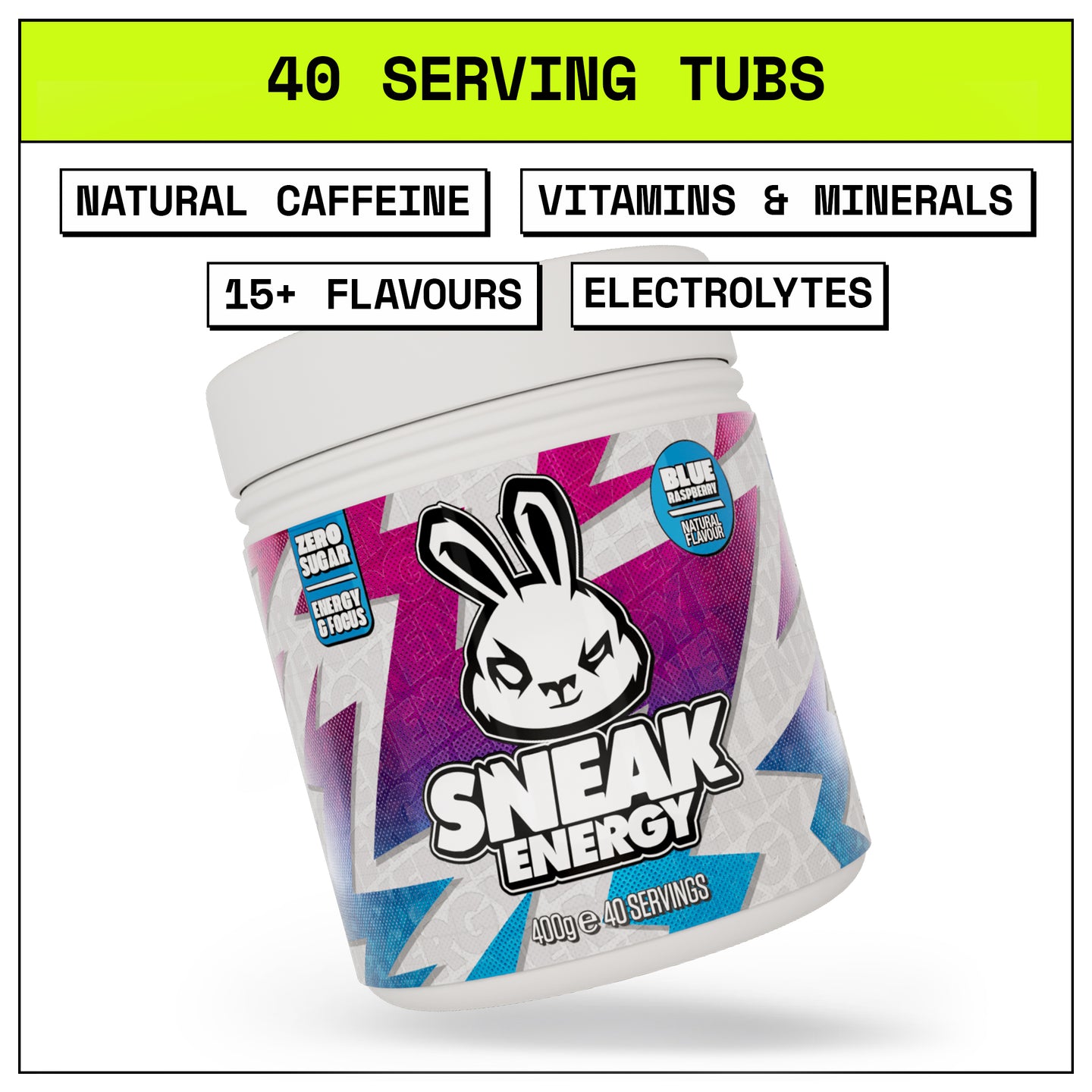 Sneak Energy drink container with branding and product features on a white background