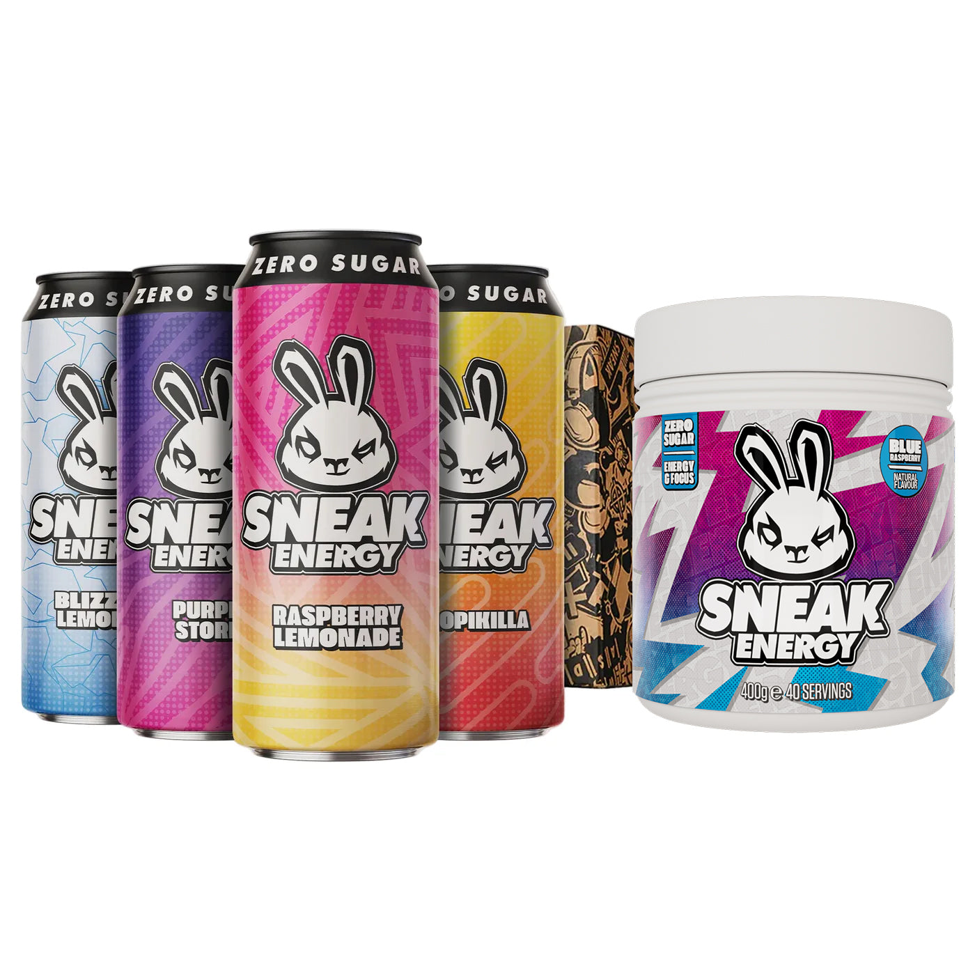 Sneak Energy drinks in various flavours with a white background