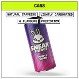 Purple energy drink can with 'Sneak Energy' branding on a white background