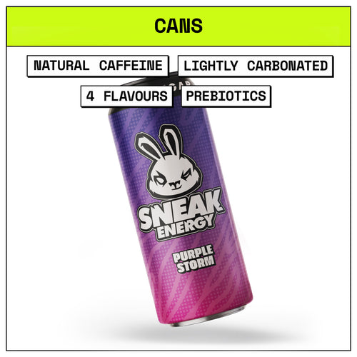 Purple energy drink can with 'Sneak Energy' branding on a white background