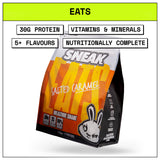 Sneak Salted Caramel protein shake package with branding and product details.