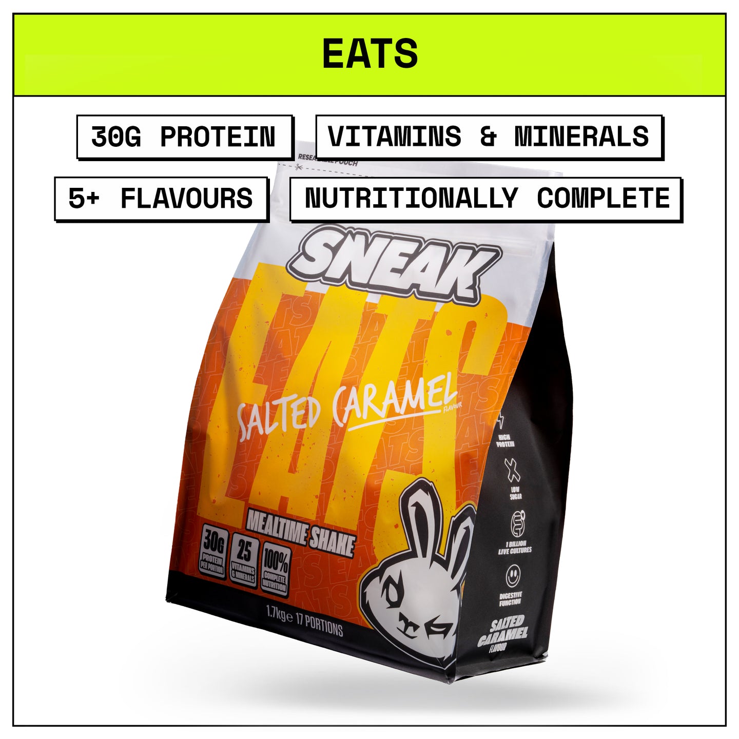 Sneak Salted Caramel protein shake package with branding and product details.