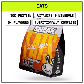 Sneak Salted Caramel protein shake package with branding and product details.