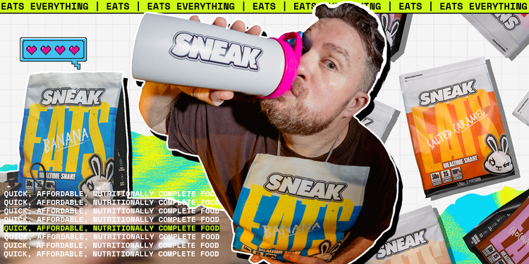 Person drinking from a SNEAK container with product packaging and text in the background