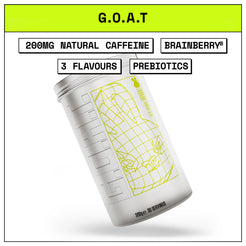 White tub of premium energy drink with yellow text and graphics on a white background