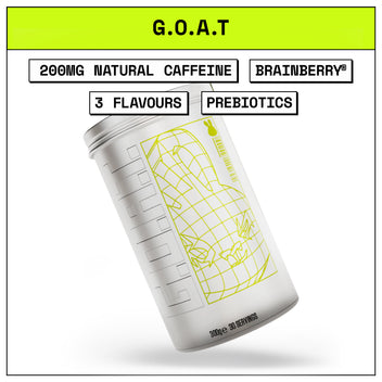 White tub of premium energy drink with yellow text and graphics on a white background