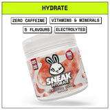 Sneak Hydrate supplement container with branding and product features on a white background