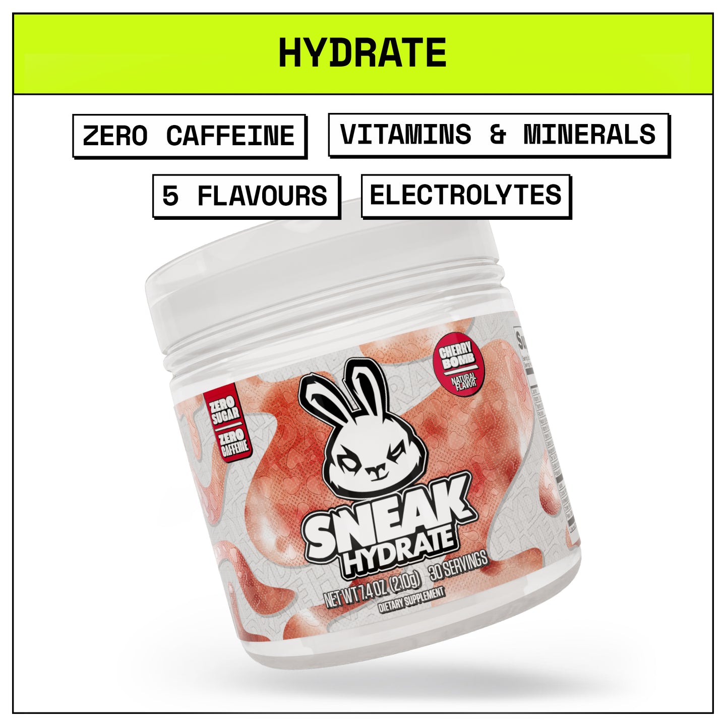 Sneak Hydrate supplement container with branding and product features on a white background