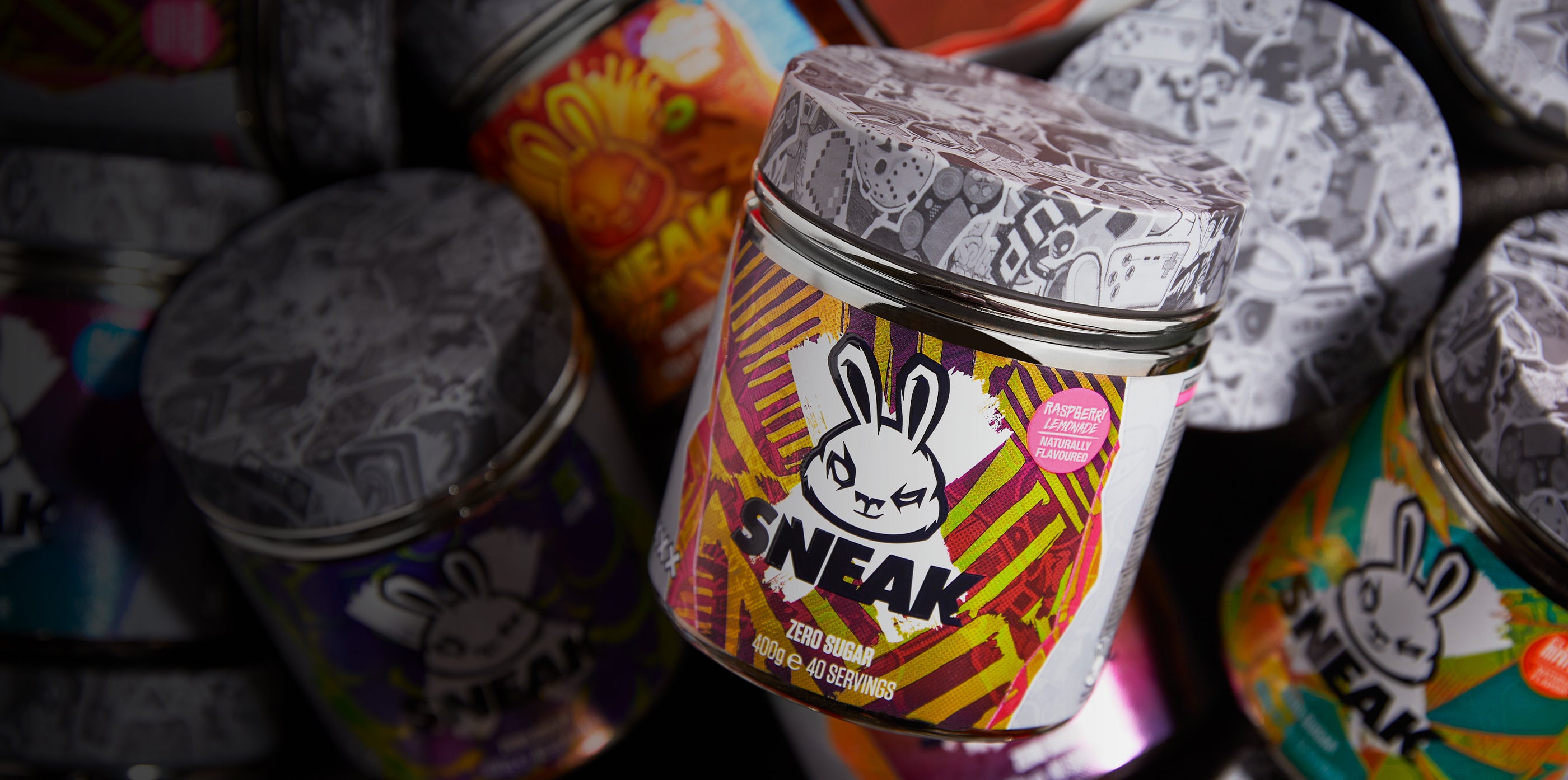 Sneak Energy Drink tubs, Raspberry Lemonade is at the foreground