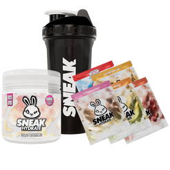 SNEAK protein powder container, shaker, and packets on a white background