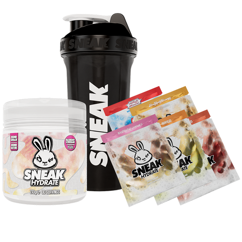SNEAK protein powder container, shaker, and packets on a white background