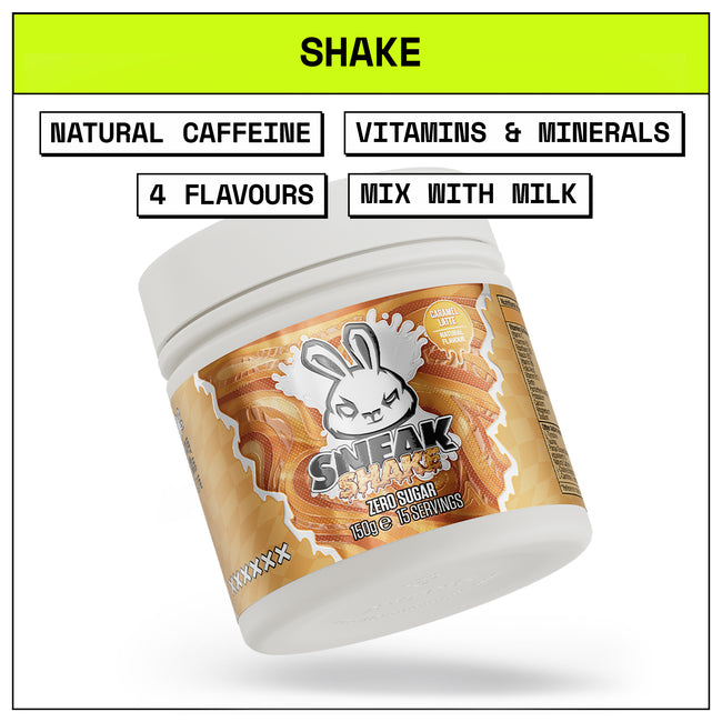 Container of Sneak Shake with branding and product details on a white background