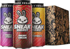 Three Sneak Energy drink cans in different flavors with a decorative box in the background.